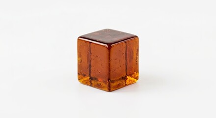 Obraz premium Translucent amber resin cube on white background.