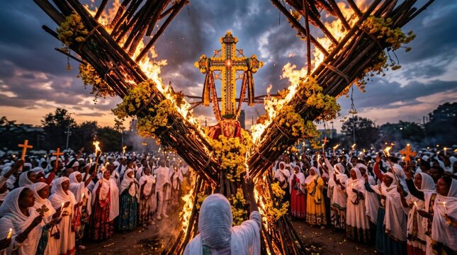 Meskel religious festival celebrating true cross discovery, burning demera wooden bonfire decorated with yellow flower, ethiopian orthodox christian crowd holding candle outdoors at dusk.
