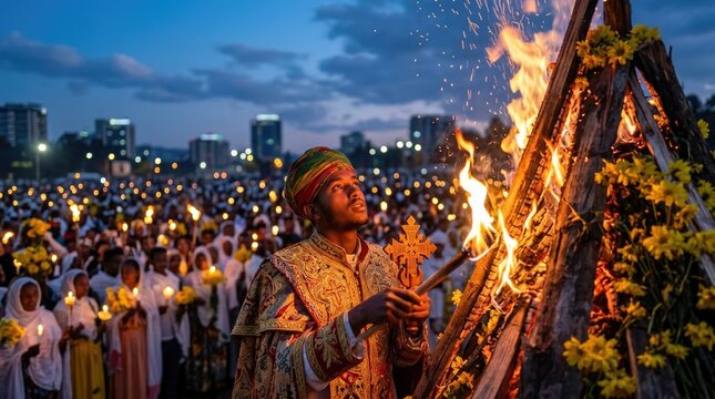 Meskel religious festival celebrating true cross discovery, ethiopian orthodox priest holding carved cruciform with flaming torch, setting wooden demera bonfire ablaze during twilight ceremony.