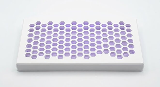 White laboratory microplate with purple hexagonal wells.