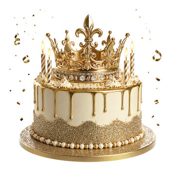 Luxurious white and gold birthday cake decorated with a crown candles and sparkling confetti isolated on white transparent background