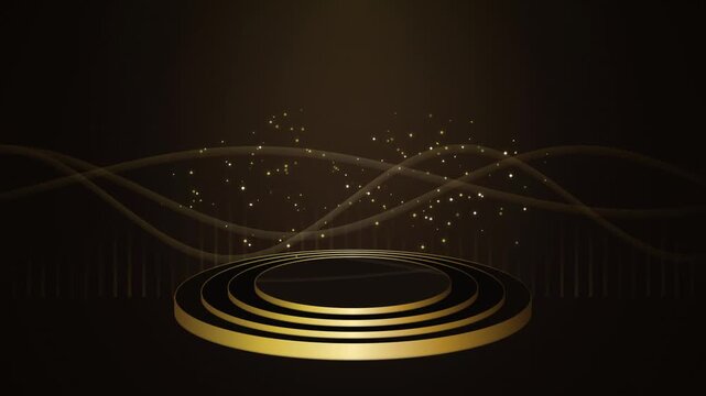 Luxury Gold Circular Podium Stage on Dark Background with Animated Floating Particles and Wave Lines