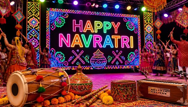 Happy Navratri Festival Event Stage with Illuminated Greeting Sign, Colorful Decorations, and Wet Street Reflection