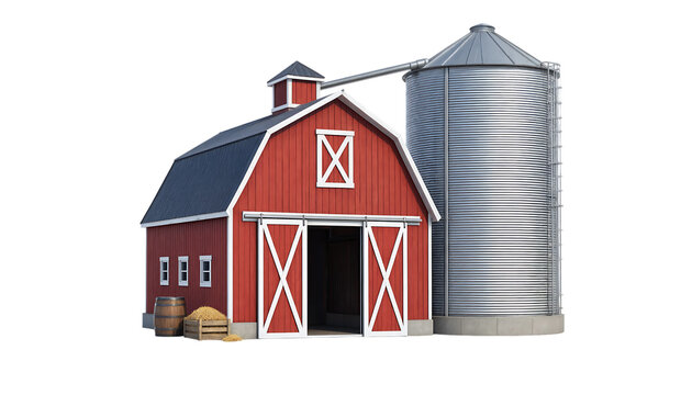 Traditional red wooden barn with metallic grain silo and wooden barrel on isolated white background transparent background