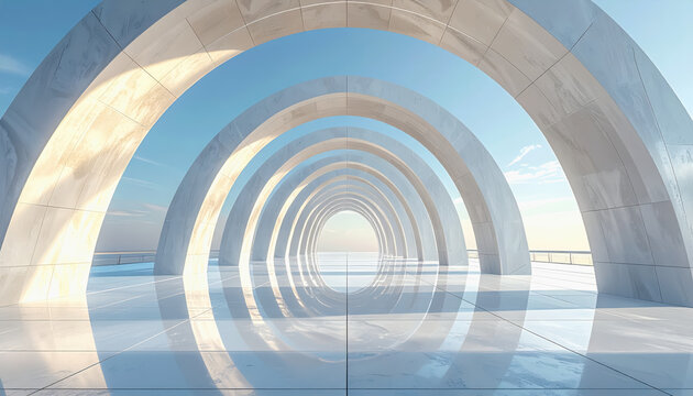 futuristic architectural tunnel with arches and reflections on a sunny day