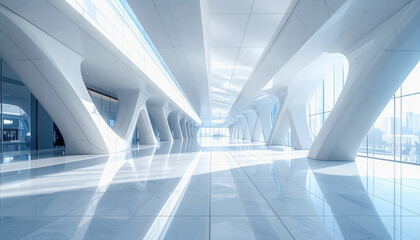 Obraz premium Modern futuristic architectural interior with white flowing curves and geometric pillars reflecting light on the polished floor