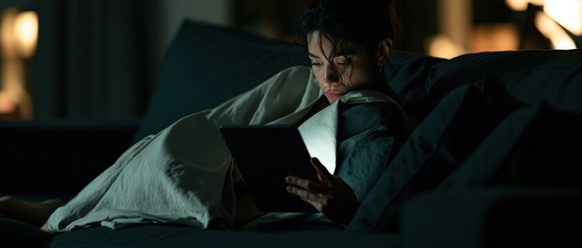 Absorbed in a glowing screen after dark, a young woman lies cocooned in blankets perfect for digital wellness, sleep disruption, streaming, or latenight browsing campaigns.