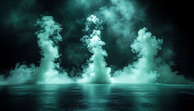 Vivid greenish-white smoke or fog on the stage floor, isolated from the background; a fog effect produced by a smoke machine, with plumes of smoke hovering near the ground.