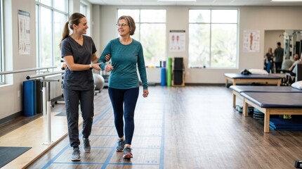 Fototapeta premium Physical therapist assisting an elderly woman with gait training and walking exercises in a bright, modern rehabilitation clinic with specialized equipment and floor markings