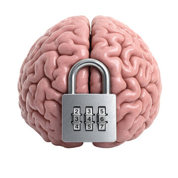Human brain anatomy organ locked with a metal combination security padlock transparent background