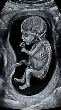 Ultra realistic high resolution obstetric ultrasound photograph featuring a healthy developing human fetus between 18 and 22 weeks of pregnancy clearly visible inside the uterus detailed fetal head fa