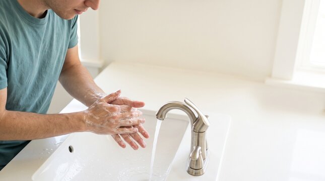 Man washing hands with soap at bathroom sink near window  