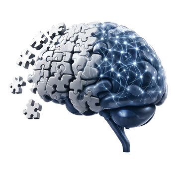 Human brain conceptual illustration featuring puzzle pieces and glowing neural network connections on isolated white background transparent background