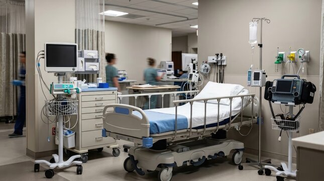 Modern hospital patient room interior with medical equipment, empty bed, vital signs monitor, and iv pole, featuring a clean clinical environment for patient care and recovery