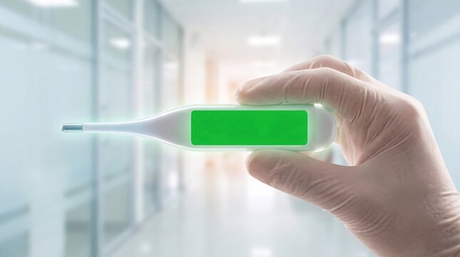 Gloved hand holding a digital thermometer with a blank green screen in a hospital with thermometer featuring empty person wearing medical medical glove holds professional practitioner temperature