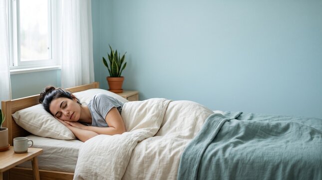 Young woman sleeping peacefully in bed beside a window at home  