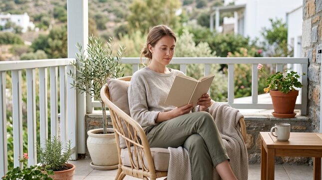 Young woman reading a book on a balcony at home  