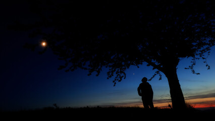 Silhouette of a person in nature observing night sky, Moon, stars and planets from a remote location. © astrosystem