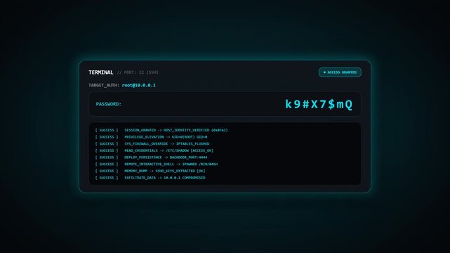 Cybersecurity terminal screen showing brute force password attack and successful breach, 16:9 widescreen video