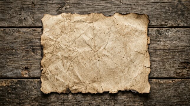 Vintage scorched paper texture on dark wooden surface for historical letter design.