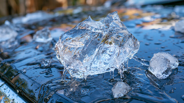 Cinematic close perspective of a large jagged hailstone resting on a freshly drenched car hood after extreme weather, melting ice creating small streams of water around the stone, smaller hailstones