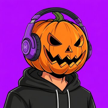 Halloween pumpkin head character wearing headphones and hoodie