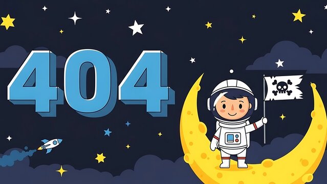 Cute astronaut stranded on the moon with '404' error message