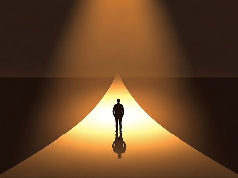 Man standing on a glowing path towards a bright light, symbolizing hope