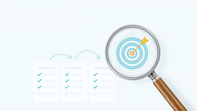 Magnifying glass focusing on a target with checklist process steps for business strategy and success