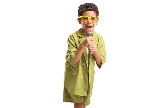 Fashionable kid singing into a microphone