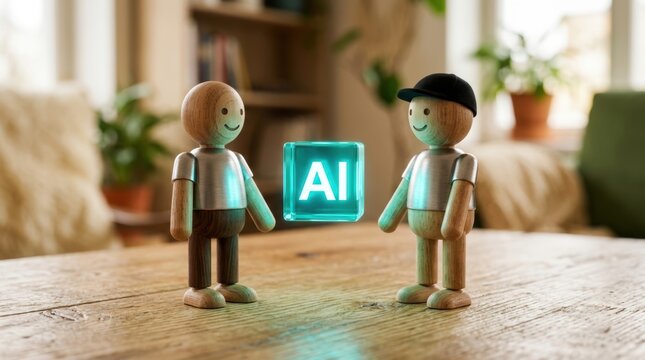Wooden doll characters looking at a glowing teal ai cube on a rustic table in a bright room