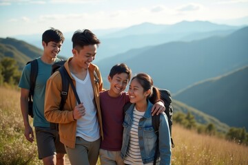 Naklejka premium Asian Family and Friends Enjoying a Scenic Mountain Hike