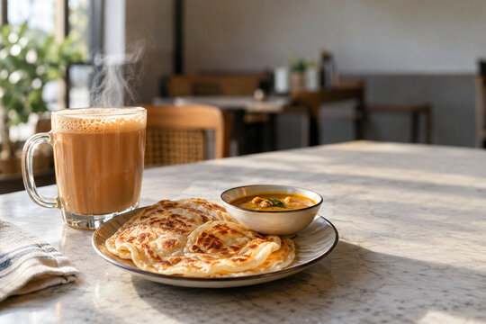 Teh tarik with roti canai and dhal on a sunlit cafe table
