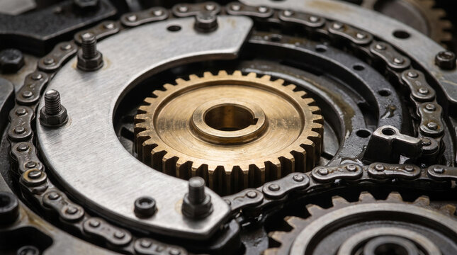 Industrial mechanical gear chain wheel component provides precise focused feeling of engineering efficiency in this complex machine