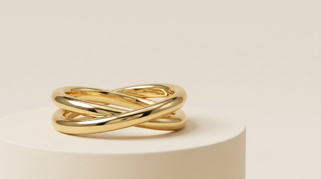 Elegant interlocking gold ring displayed on a minimalist cylindrical podium against a soft beige background