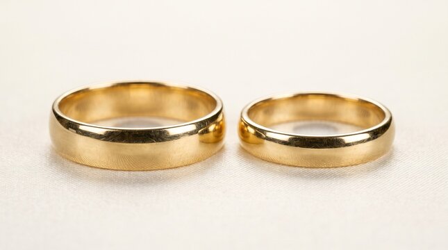Two classic gold wedding rings side by side on a neutral background, symbol of marriage and love commitment