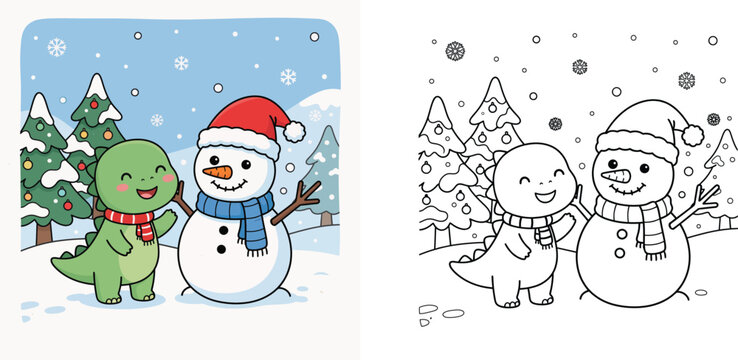 Cute Christmas Dinosaurus with Snowman: Holiday Coloring Page & Color Illustration Set - Vector Clipart for Winter Kids Activity Books and Greeting Cards