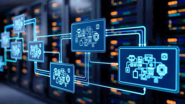 Digital illustration of network database server connection with glowing blue data flow interface diagrams