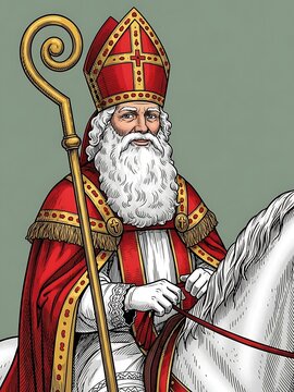 Saint Nicholas riding a white horse, holding a crosier, in ornate bishop attire.