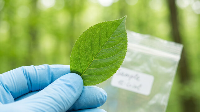 Scientist holding green leaf protective glove plastic bag research nature environment biology ecology botanical study