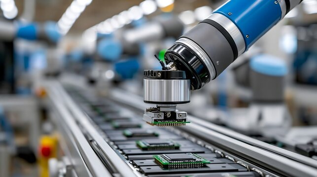 High precision robotics factory, collaborative robotic arms assembling electronic components, advanced conveyor belt, clean production facility, professional industrial photography