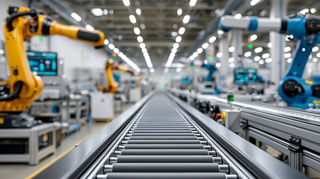 Modern automated manufacturing plant, robotic arms positioned around a precision production line, futuristic lighting, metallic machinery, clean high-tech environment, commercial stock image