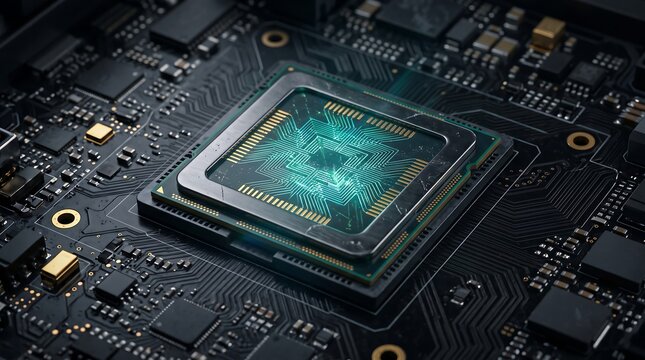 Futuristic glowing central processing unit on a high tech motherboard.