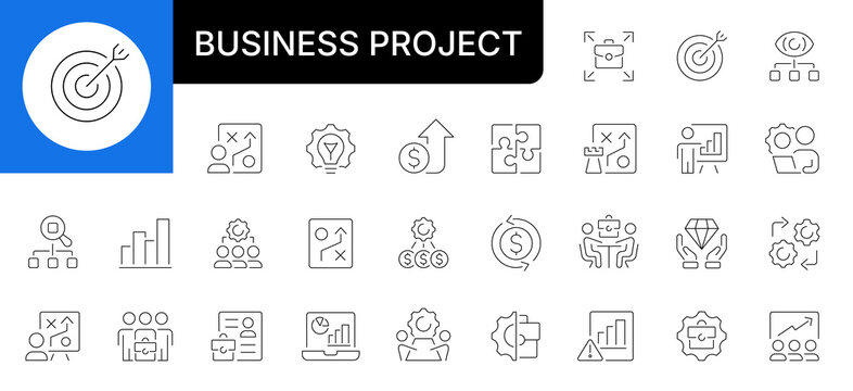 Business project vector icon set. Management strategy, planning, target archery, puzzle, financial growth, teamwork, presentation, hierarchy, and analytics thin line linear symbols.