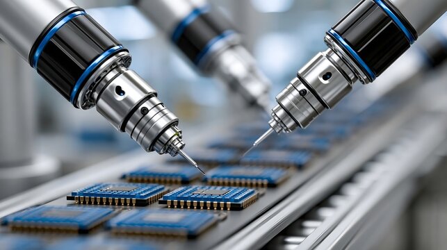 Close-up industrial robot arms working on automated assembly process, detailed mechanical components, shallow depth of field, futuristic factory background, photorealistic technology photography