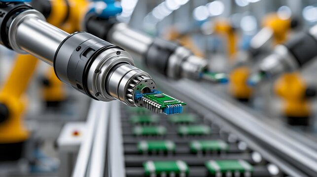 Close-up industrial robot arms working on automated assembly process, detailed mechanical components, shallow depth of field, futuristic factory background, photorealistic technology photography