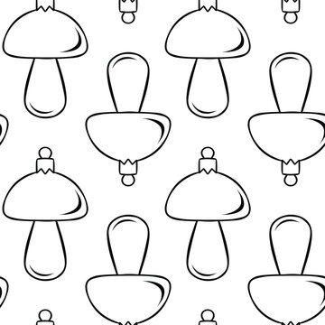 Vintage glass mushroom Christmas tree ornament in black and white doodle pattern. Simple vector sketch for retro holiday decor and toy packaging