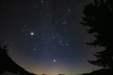 Orion constellation, zodiacal light and Milky Way stars on a dark countryside skies. © astrosystem