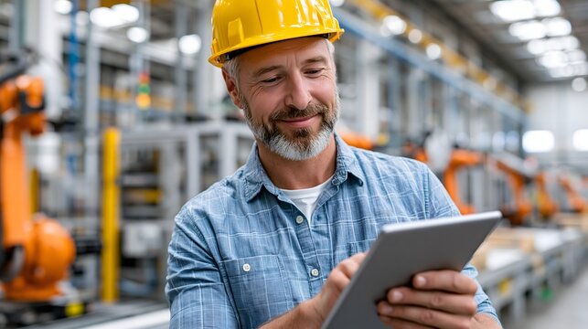 Human-centered Industry 4.0 factory, engineer monitoring automated robotic production line, intelligent machines, modern industrial environment, realistic corporate technology photography