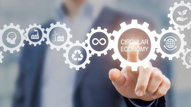 A Digital Illustration Featuring A Professional Interacting With A Circular Economy Gear System Concept Representing Sustainability And Growth
